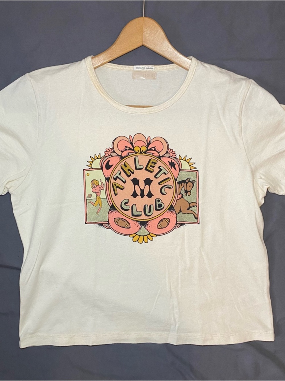 MOTHER Women’s L Athletic Club Graphic Crop T Shirt Cream Short Sleeve